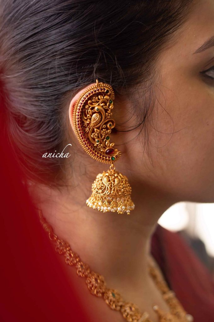 Matte Gold Finish Statement Peacock Ear Cuff Jhumkas South India Jewels