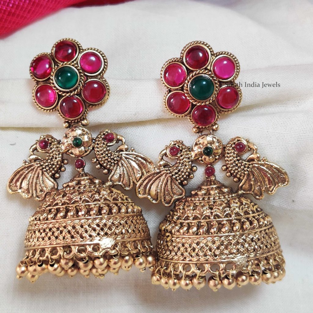 Peacock Design Jhumkas Gold Earrings Artificial South India Jewels