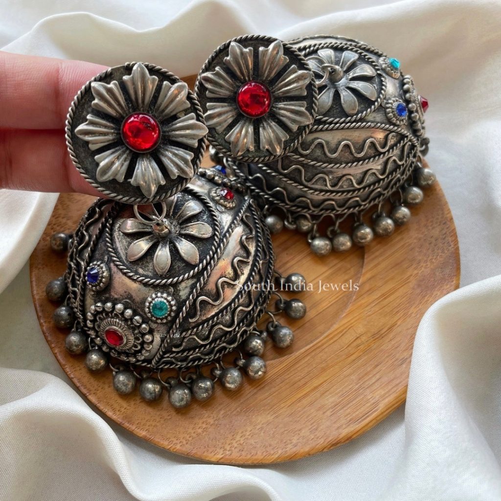 Silver Look Alike Oxidised Jhumkas South India Jewels