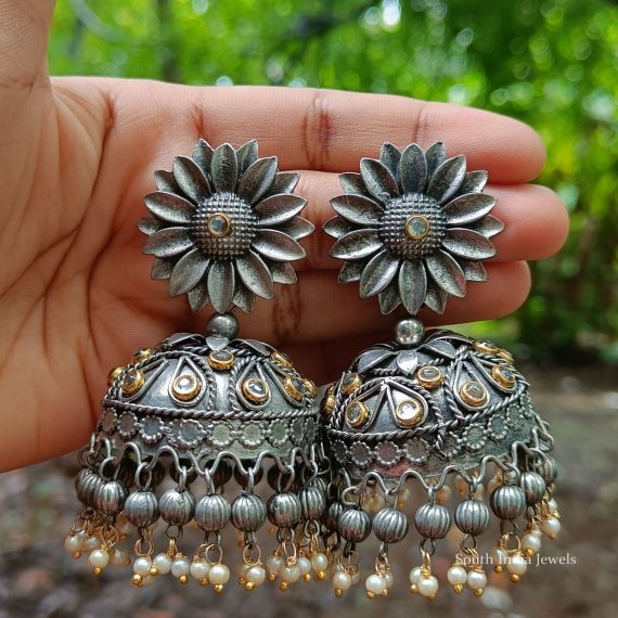 Floral Design Black Metal Jhumkas South India Jewels Online Shop