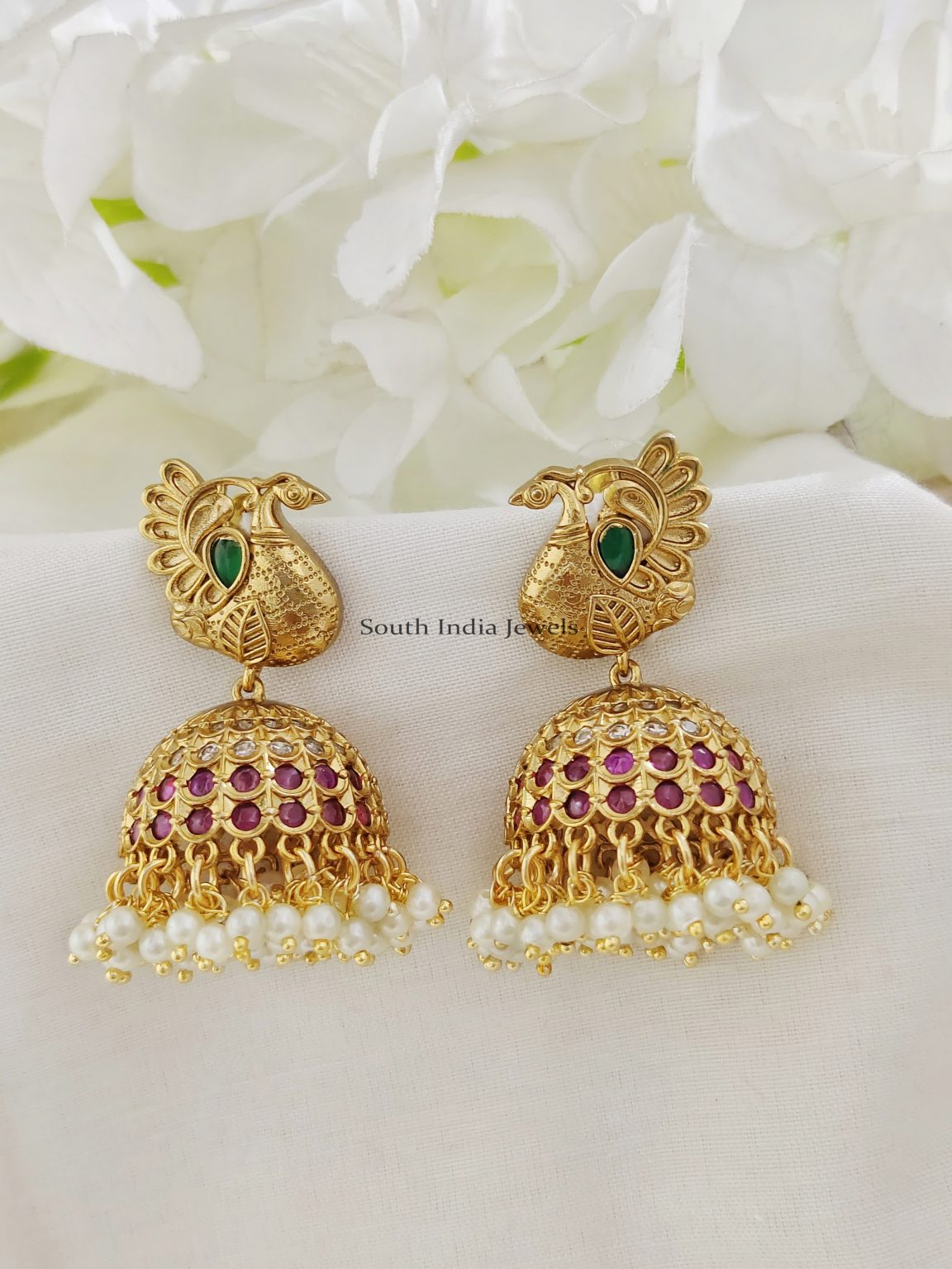 Matte Gold Peacock Kemp Jhumka South India Jewels