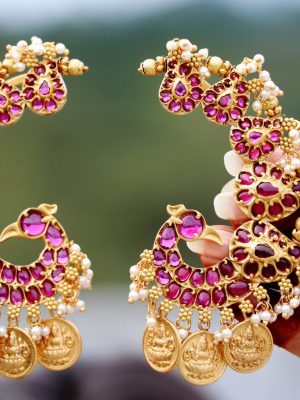 Peacock Designer Ear Cuff Earrings with Lakshmi Coins