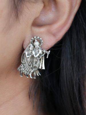 Radhe Krishna Silver Ear Stud - 02
