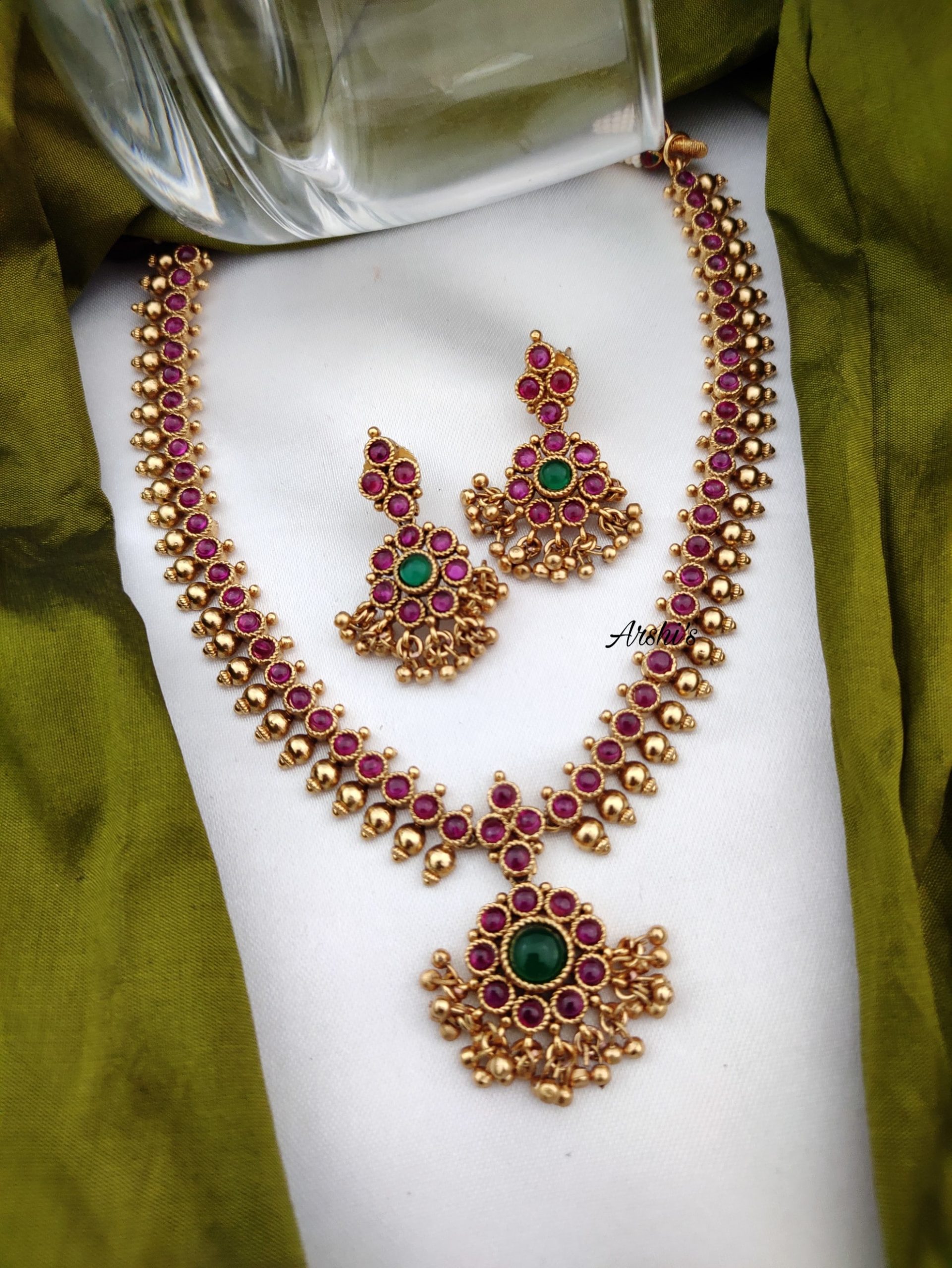 Antique Gold Pearl Red Kemp Necklace South India Jewels