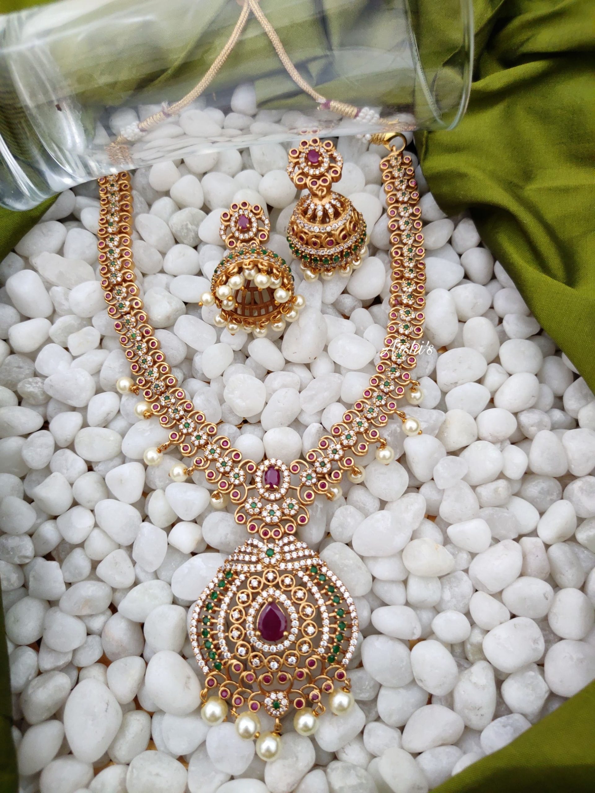 Bridal AD Stone Necklace With Jhumkas-01