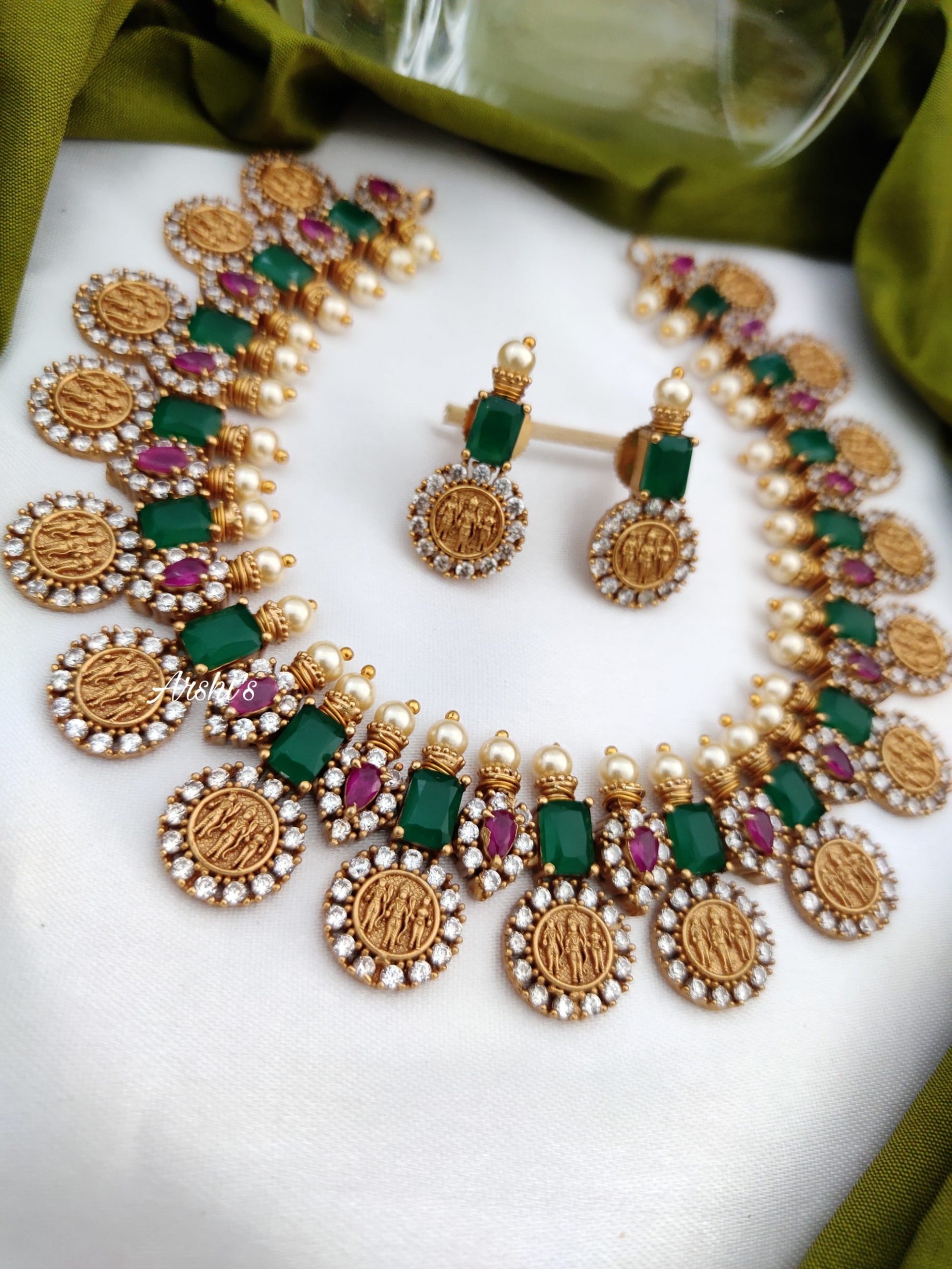 Emerald Green & Red Ram Parivar Necklace - South India Jewels