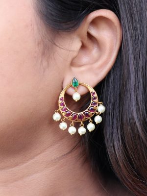 Imitation Real Kemp Stone Chandbali Earrings-2