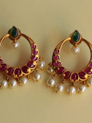 Imitation Real Kemp Stone Chandbali Earrings-3