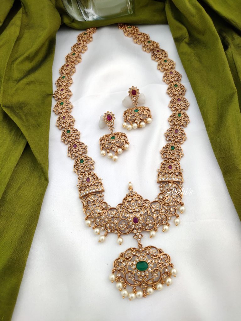 Heavy Ruby and Green Stone White Pearl Haram - South India Jewels