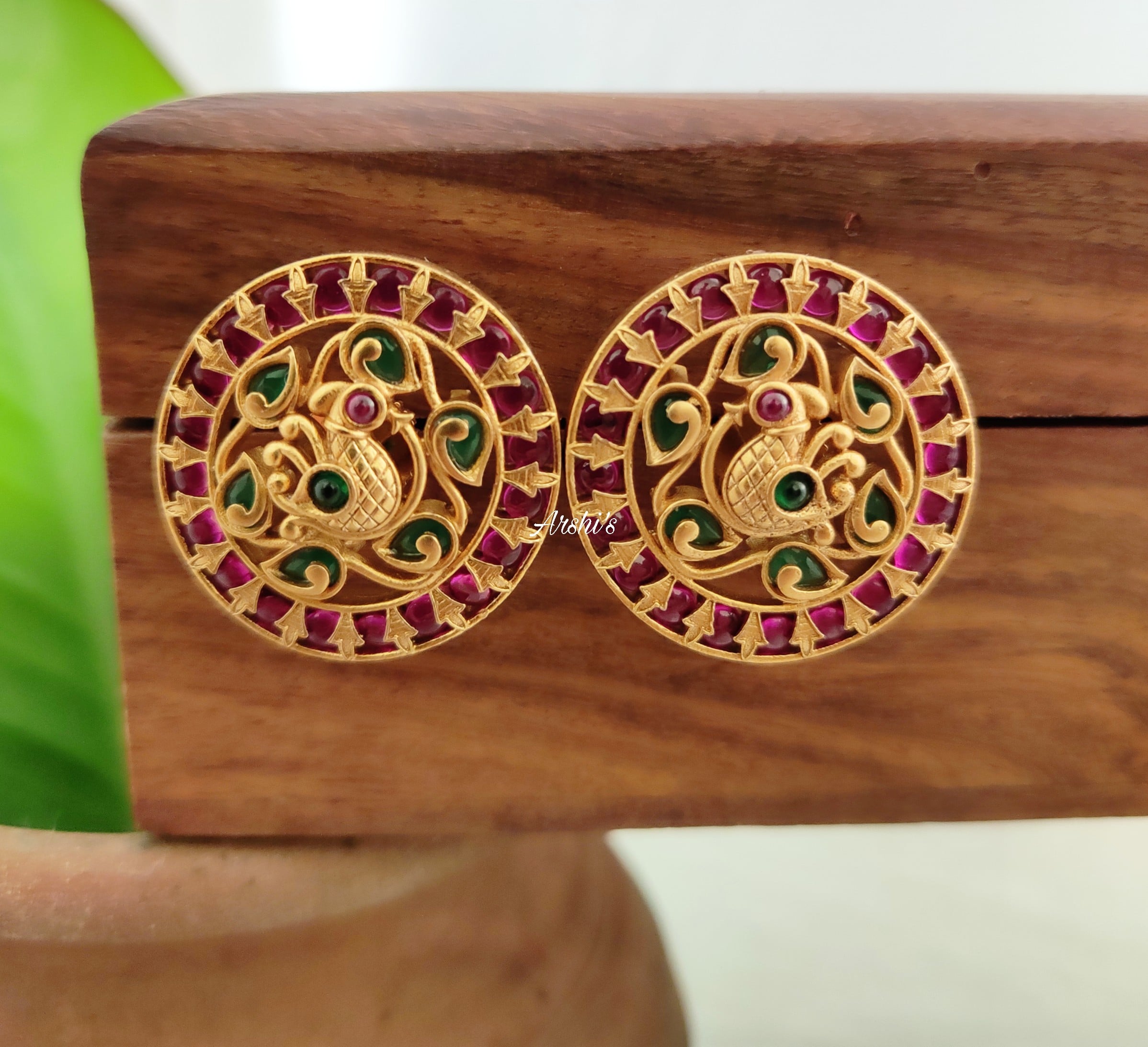 South Indian Red and Green Kemp Peacock Ear Studs-01