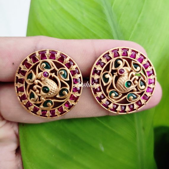 South Indian Red and Green Kemp Peacock Ear Studs-02