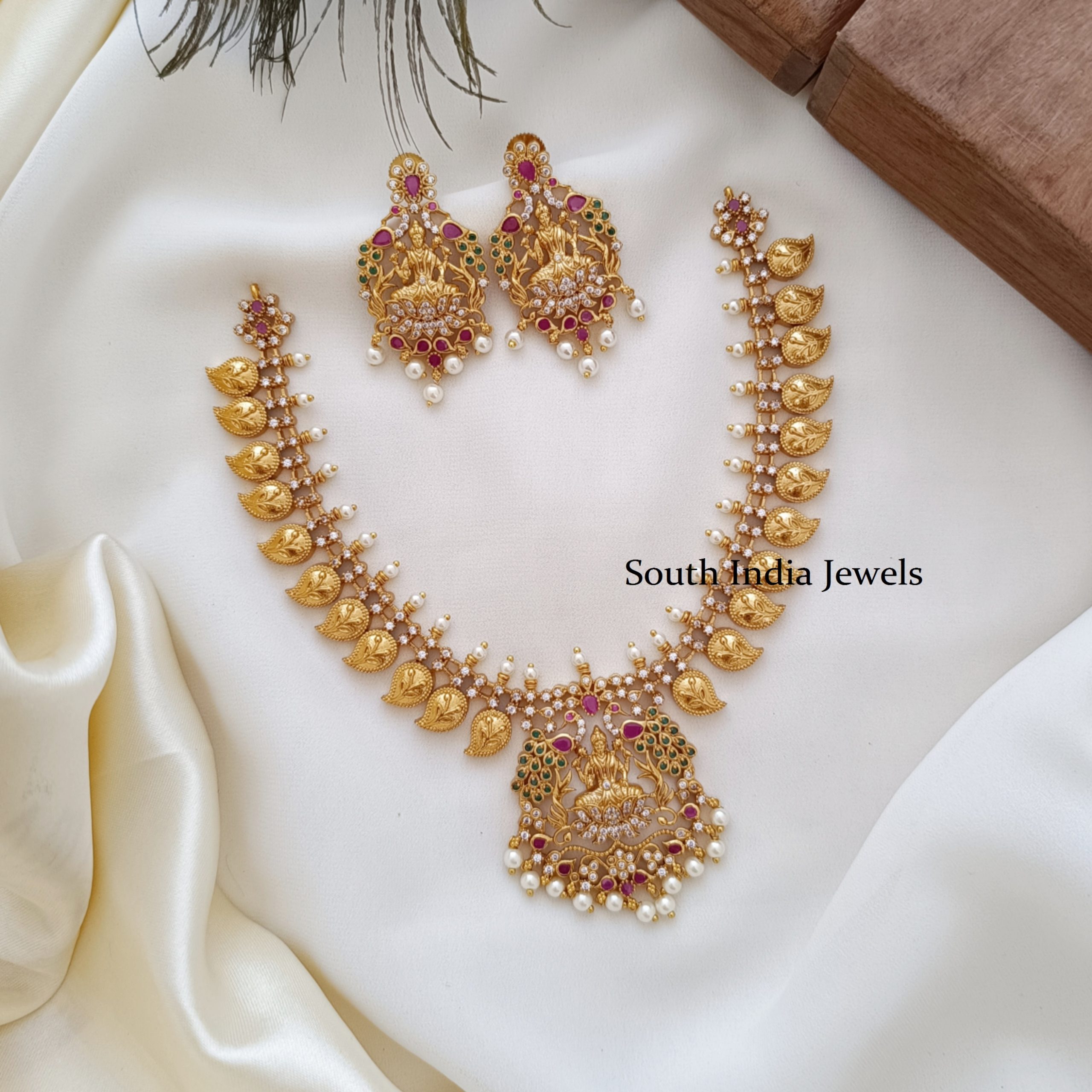 AD Stone Grand Lakshmi Mango Necklace - South India Jewels