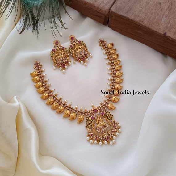 AD Stone Grand Lakshmi Mango Necklace - South India Jewels