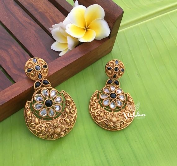 Antique Finish White and Blue Stone Chandbali Earrings-01