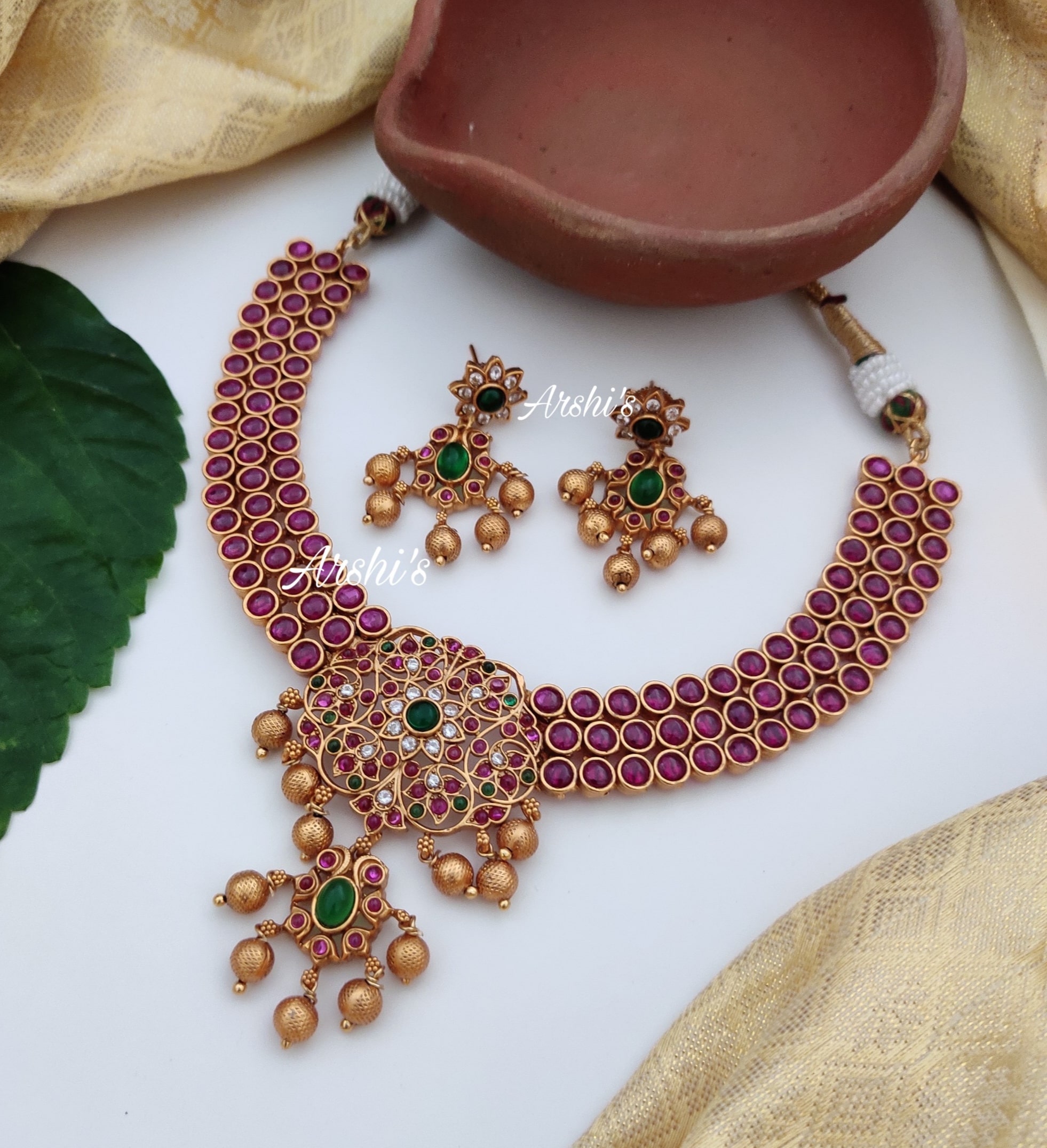 Grand Red and Green Kemp Stone Necklace - South India Jewels