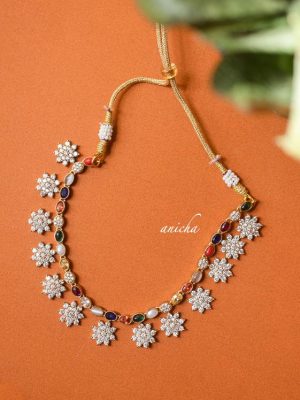 Beautiful Floral Motif AD Navarathna Necklace-01