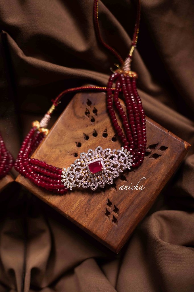 Five Layered Ruby Beads AD Stone Choker - South India Jewels