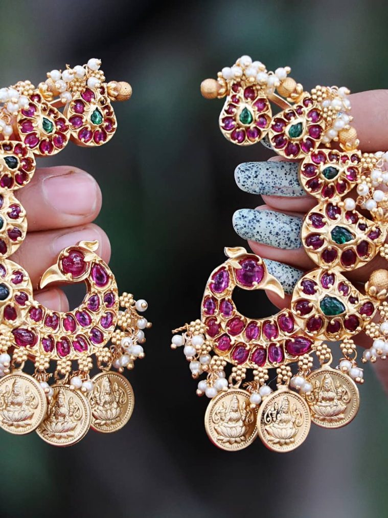 Peacock Designer Ear Cuff Earrings with Lakshmi Coins-3
