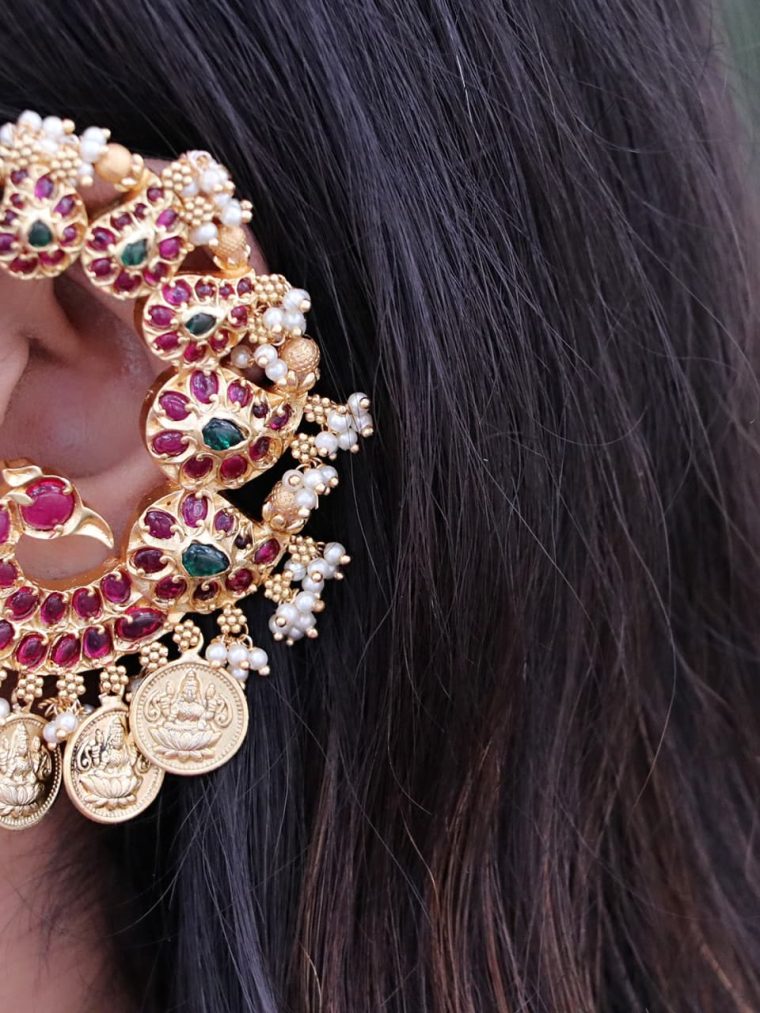 Peacock Designer Ear Cuff Earrings with Lakshmi Coins