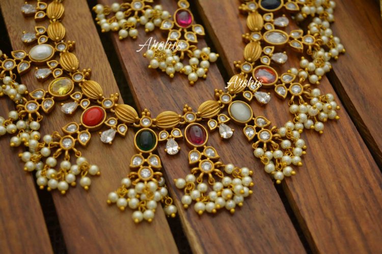 Best Quality Navarathna Matt Guttapusalu Necklace - South India Jewels