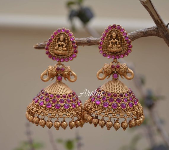 Gold Beads Temple Lakshmi Jhumkas-01