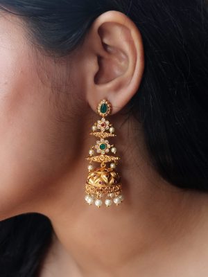 Gorgeous Long Drop AD Stone Pearl Jhumka-01