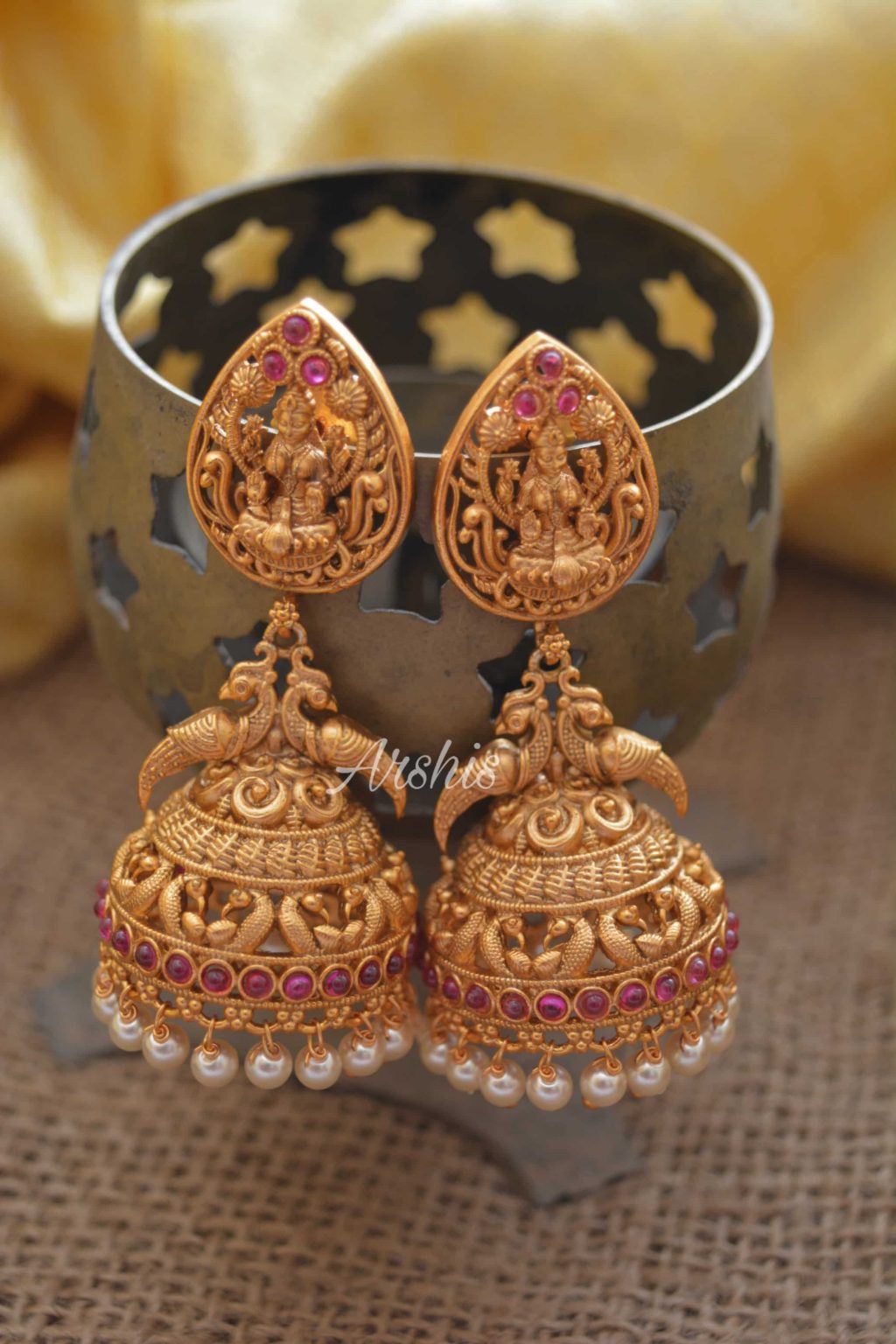 Grand Temple Lakshmi Long Jhumka with Pearls - South India Jewels