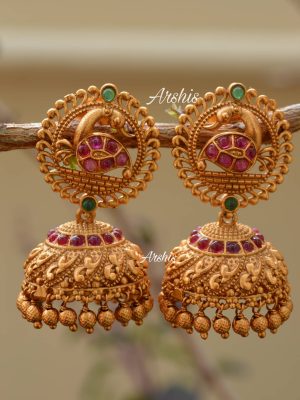 Matte Meenakari Peacock Jhumkas-01