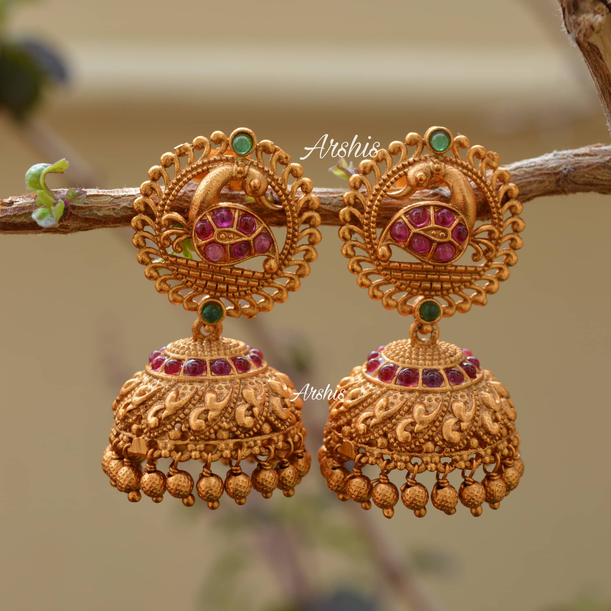 Matte Meenakari Peacock Jhumkas - South India Jewels