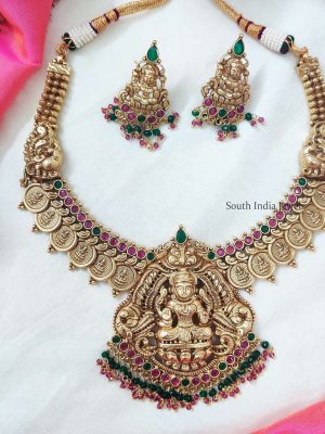 Ruby & Green Stone Temple Lakshmi Coin Necklace