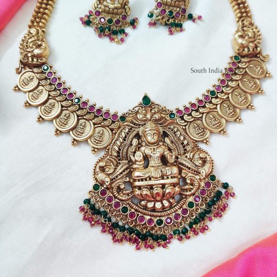 Ruby & Green Stone Temple Lakshmi Coin Necklace