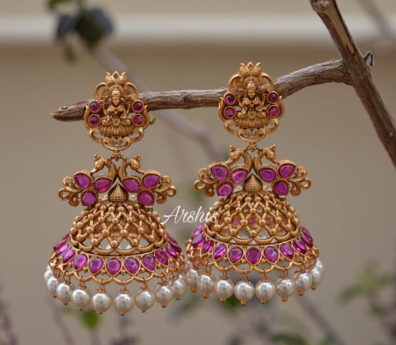 Ruby & Green Temple Lakshmi Jhumkas - South India Jewels
