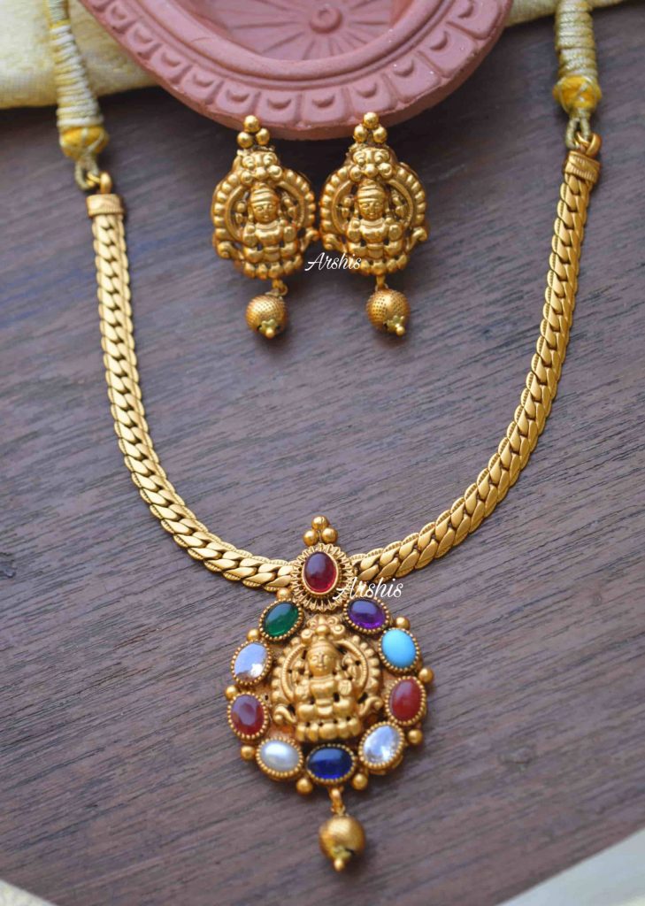Simple Navarathna Lakshmi Pendant Necklace - South India Jewels