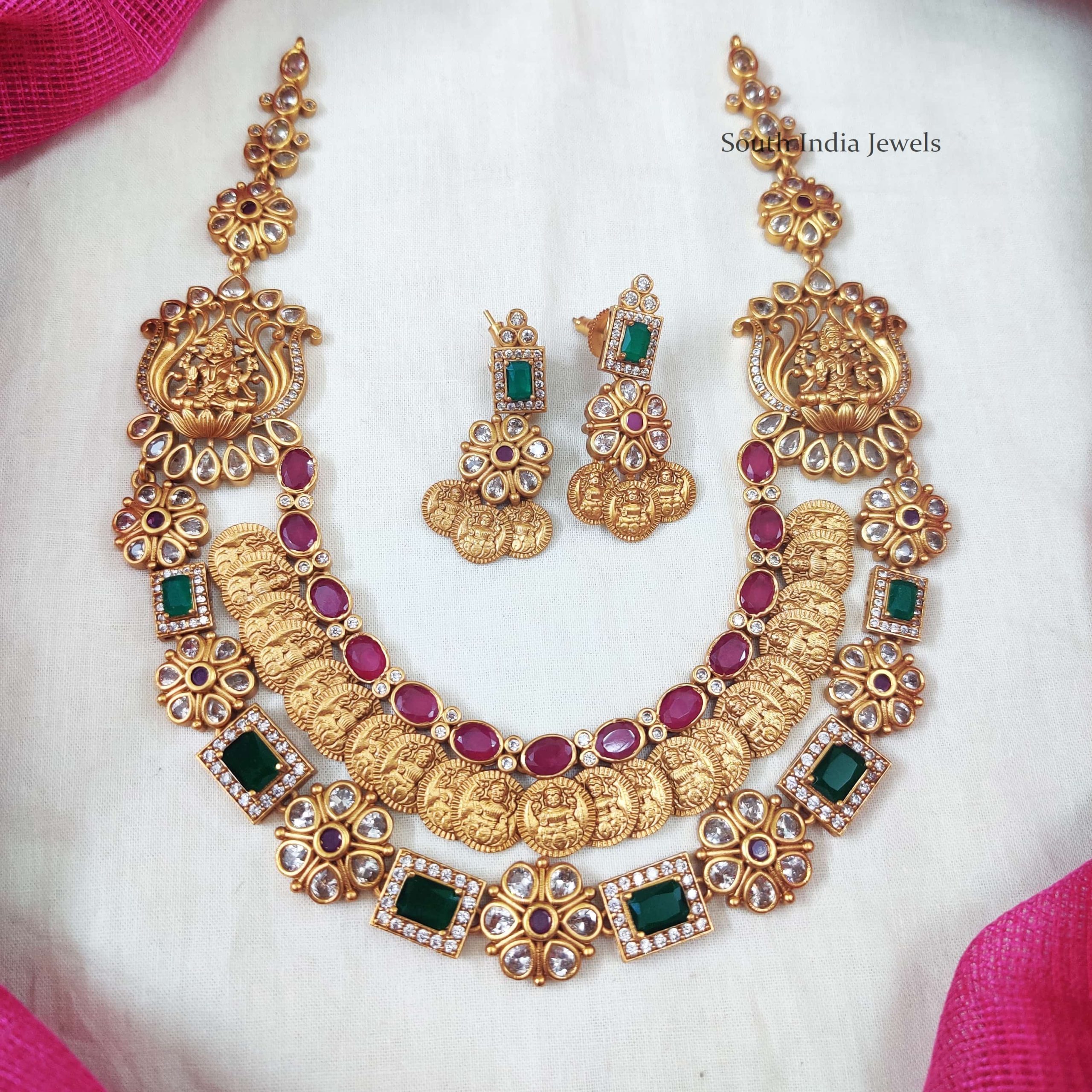 Traditional Double Layered Square Pattern Lakshmi Coin Necklace
