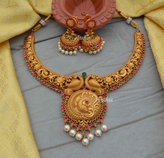 Matte Finish Peacock Design Necklace - South India Jewels