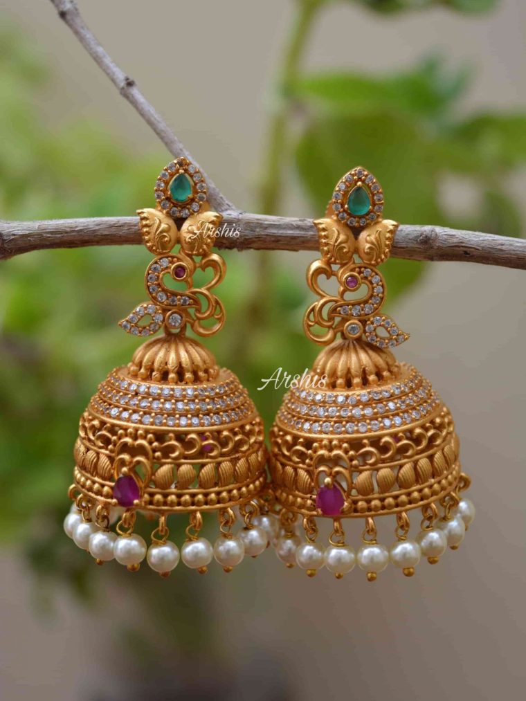 Matte Finish Peacock Design Pearl Jhumka