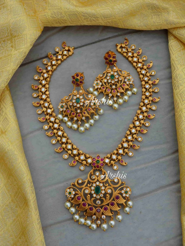 Matte Finish AD Stone Necklace With Jhumkas