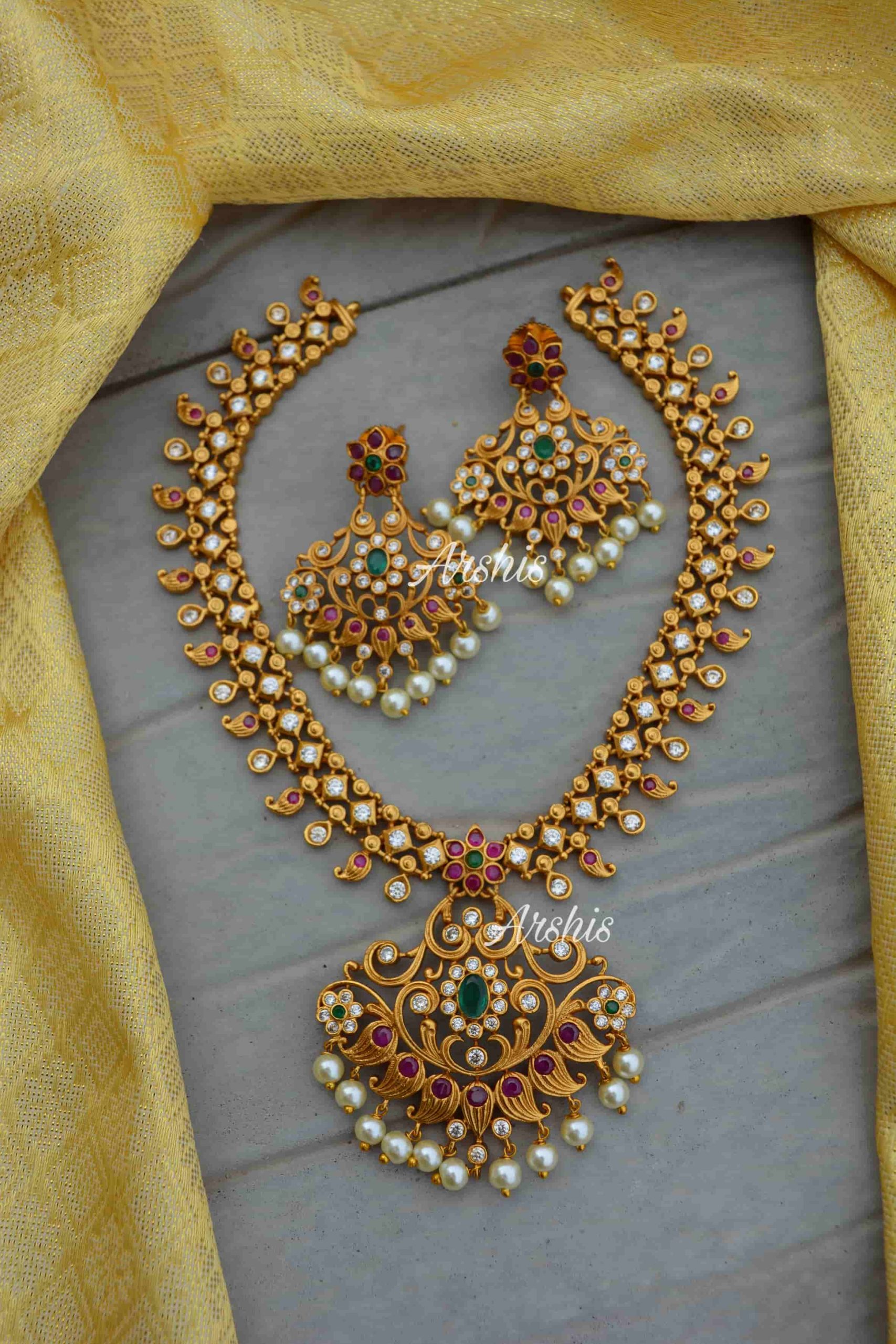 Matte Finish AD Stone Necklace With Jhumkas