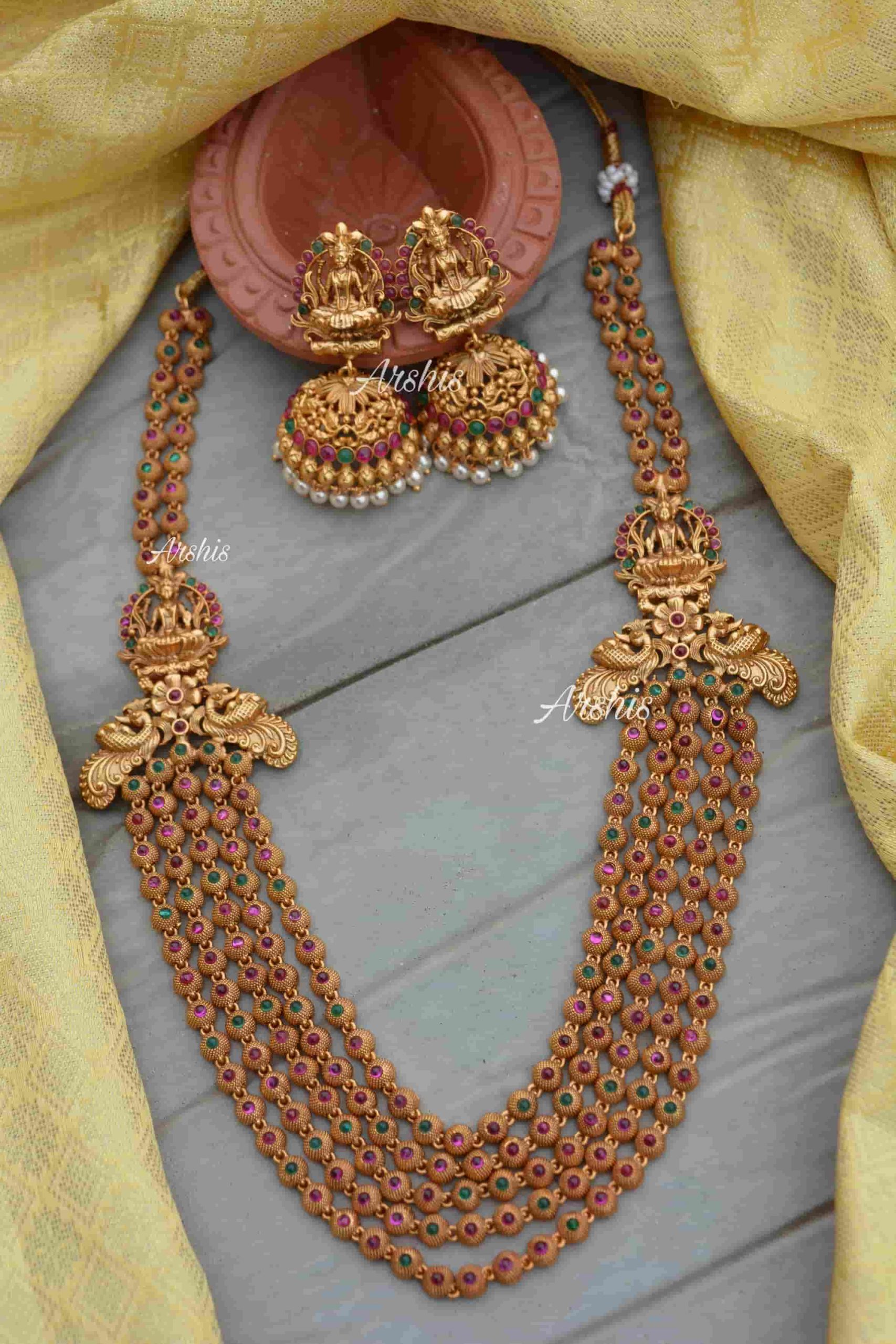 Beautiful 5 Layer Lakshmi Haram with Jhumka - South India Jewels