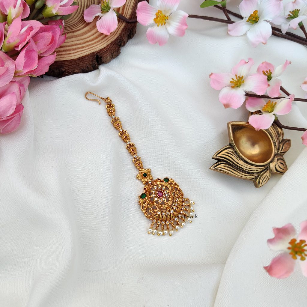 Flower Design Pearl Maang Tikka - South India Jewels