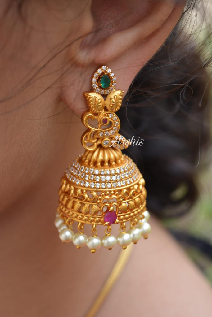 Matte Finish Peacock Design Pearl Jhumka South India Jewels 7399