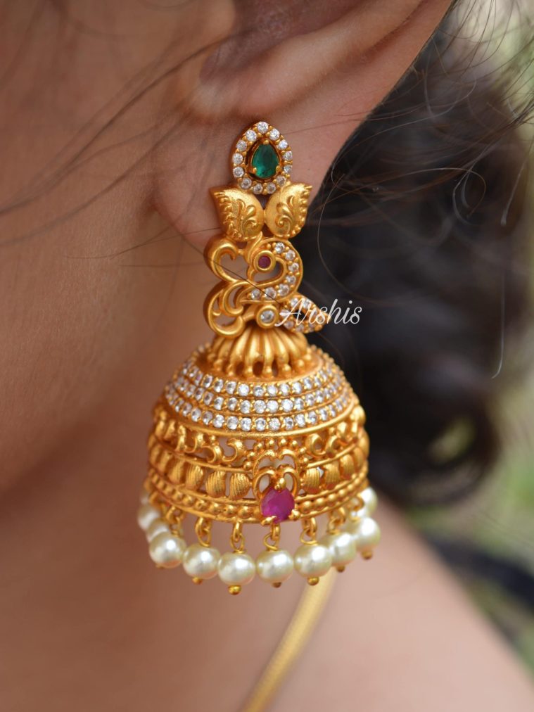 Matte Finish Peacock Design Pearl Jhumka-02