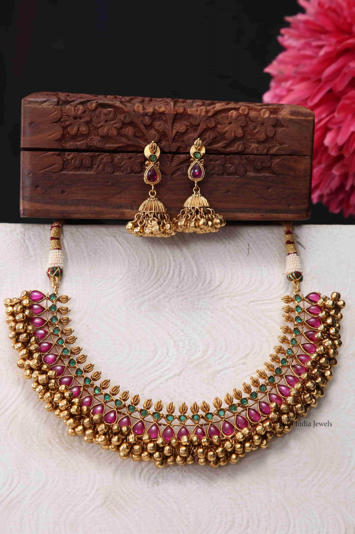 Elegant Ruby & Green Choker - South India Jewels