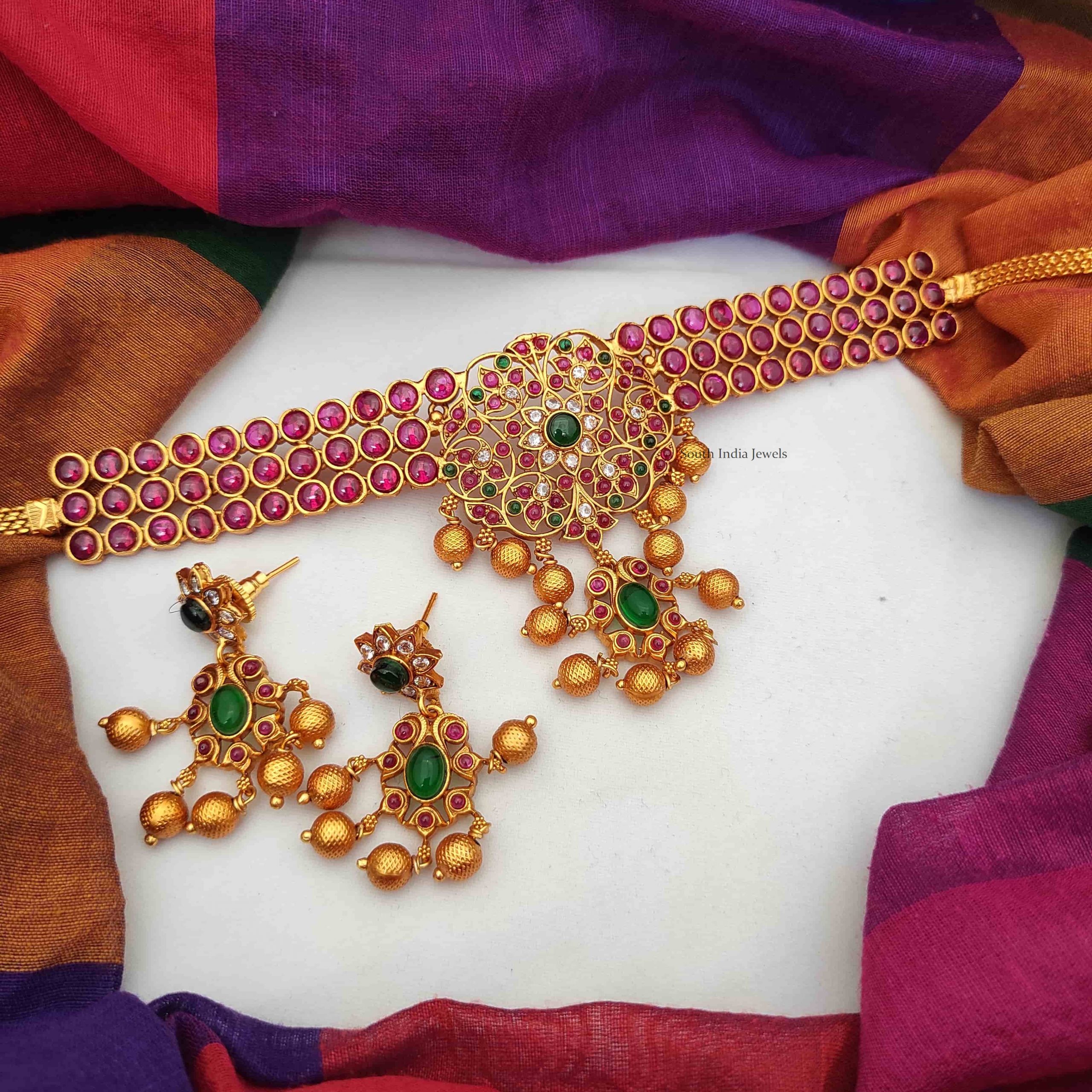 Grand Bridal Pure Kemp Choker - South India Jewels