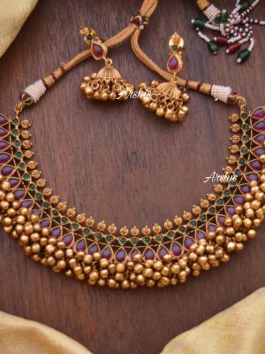 Heavy Red & Green Kemp Ghunguroo Necklace-01