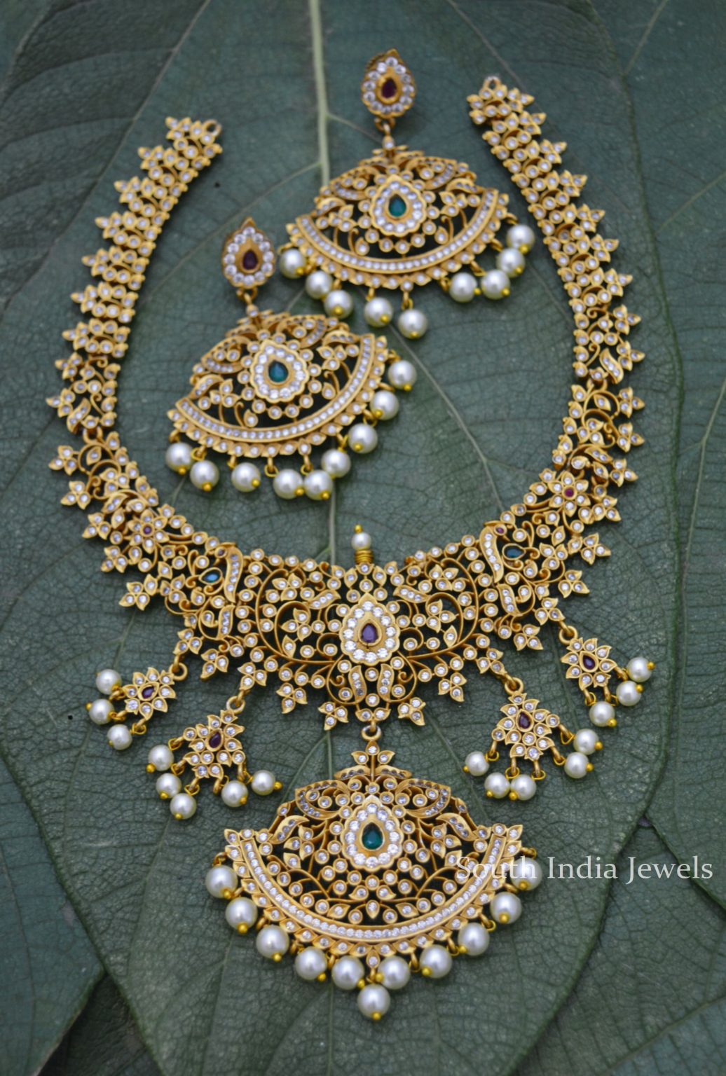 Imitation Matte AD White Pearl Hanging Necklace - South India Jewels