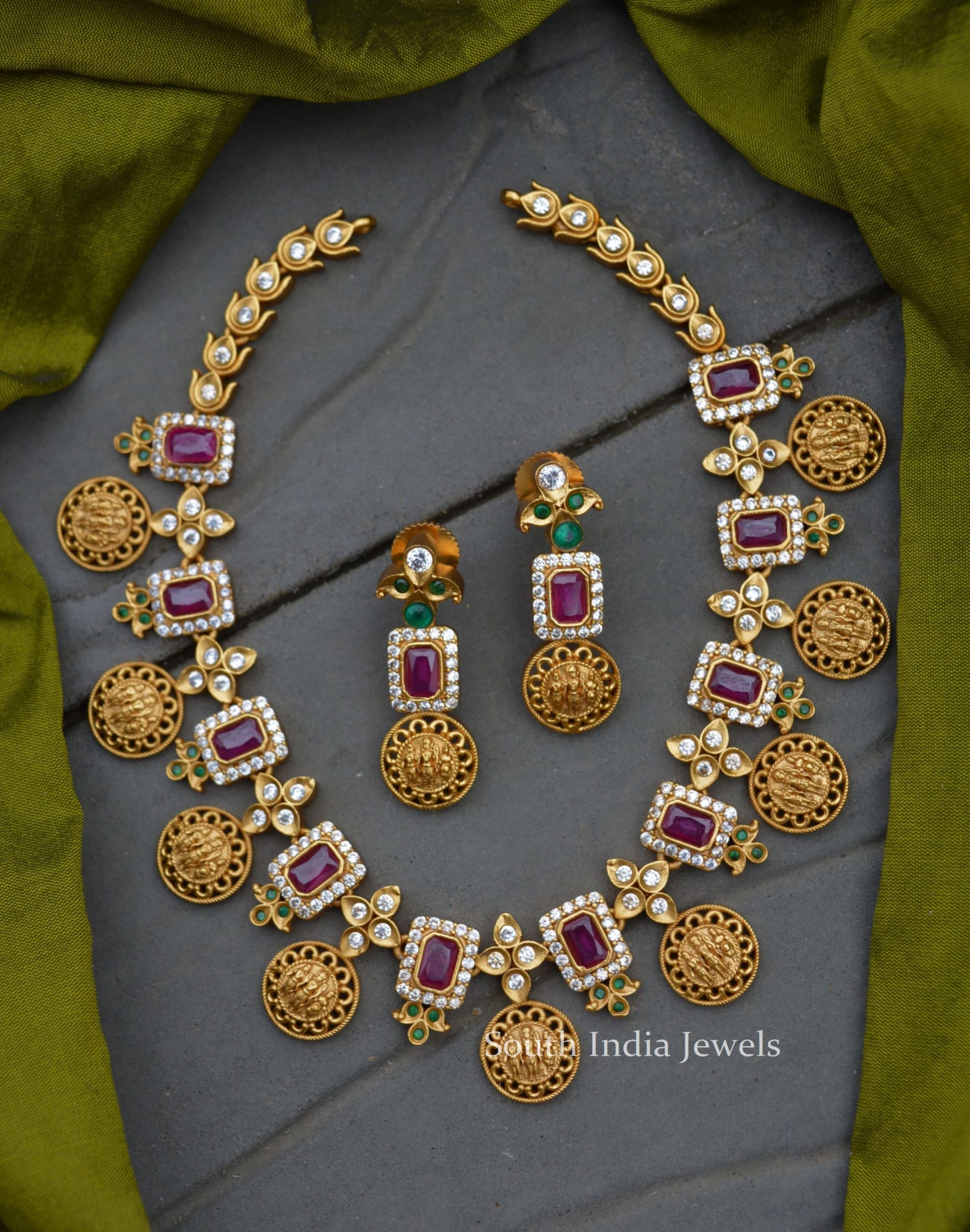 Pure Kemp and Green Ramparivar Necklace - South India Jewels