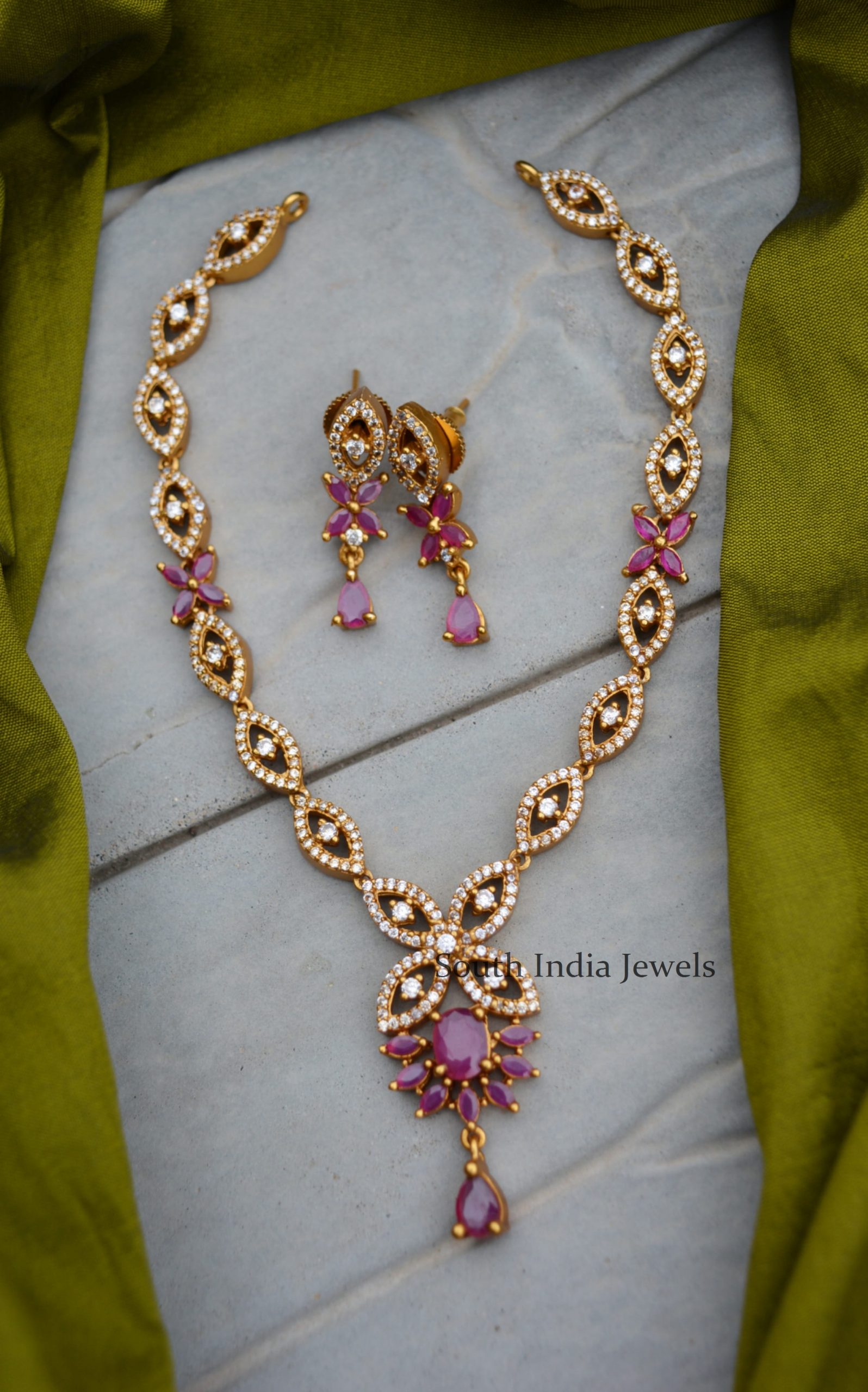Simple Ruby & AD White Stone Necklace - South India Jewels