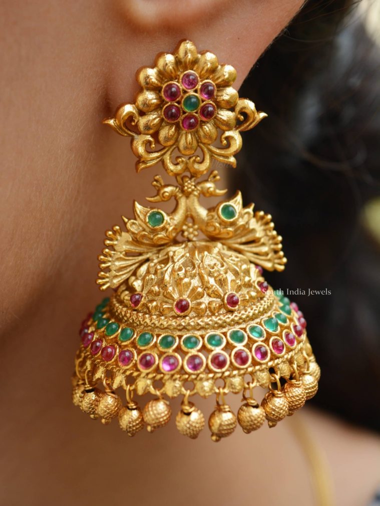 Temple Peacock Jhumka With Red & Green Stones-01