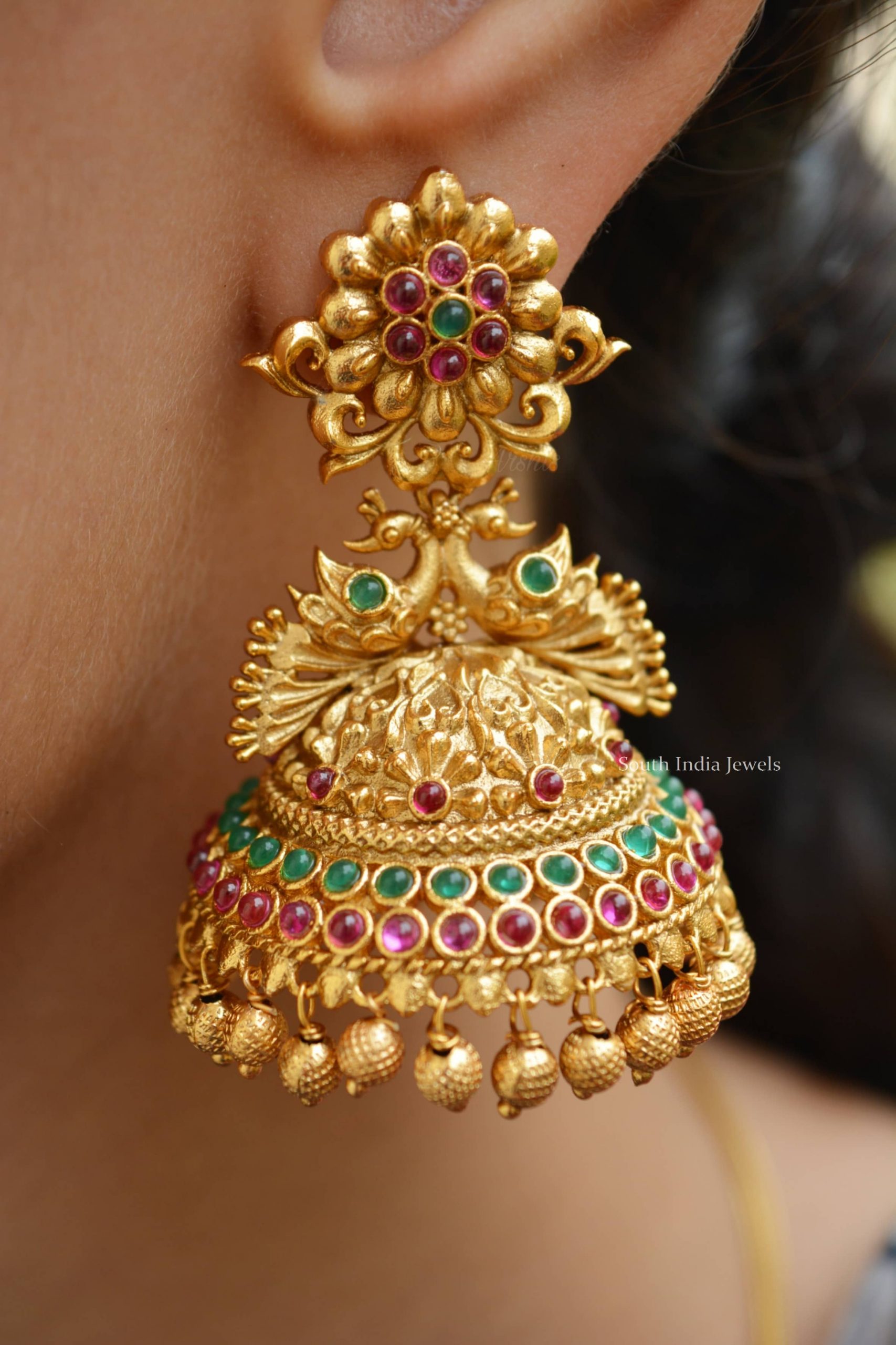 Temple Peacock Jhumka With Red & Green Stones-01